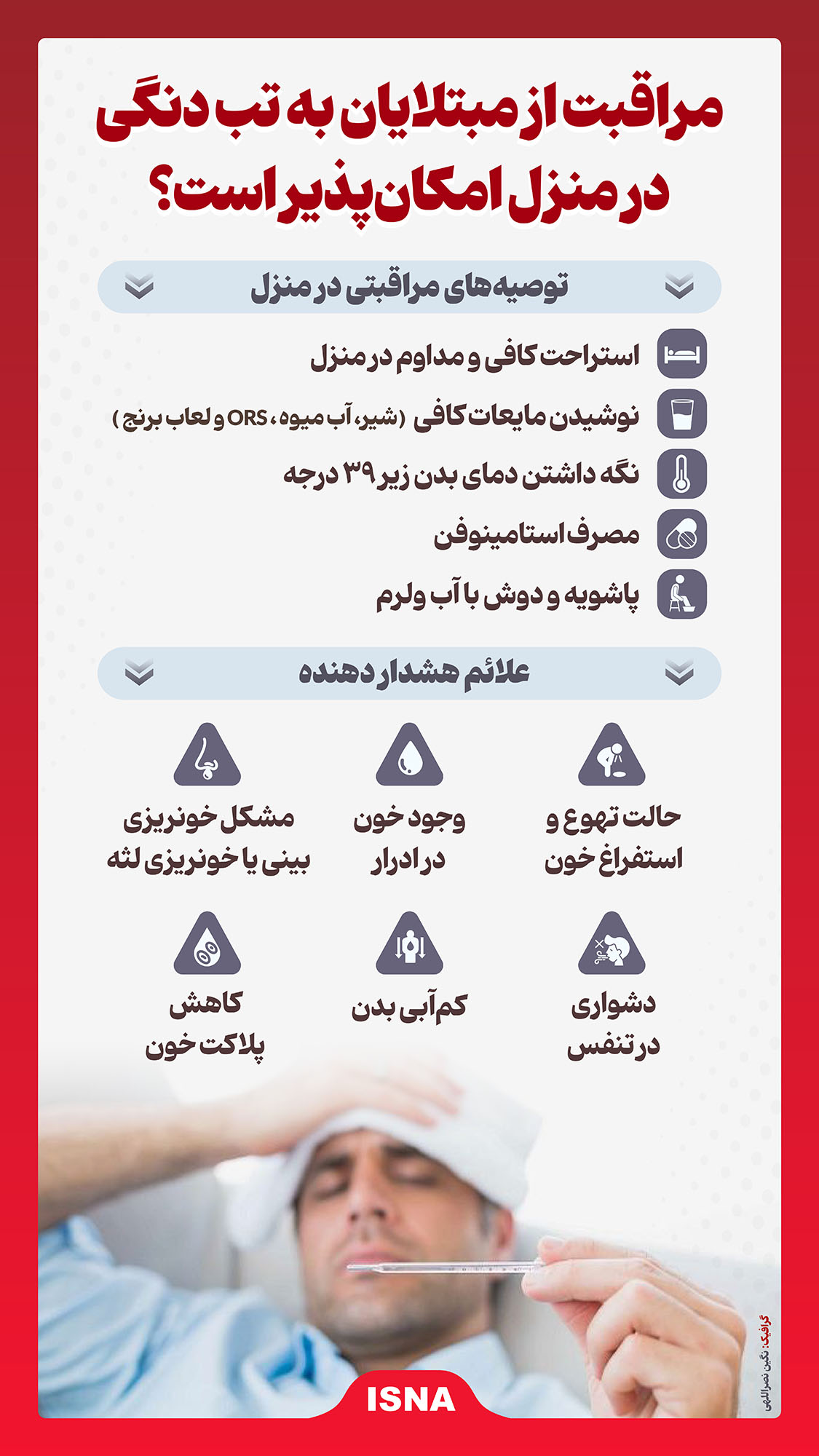 اینفوگرافیک مراقبت از مبتلایان به تب دنگی در منزل